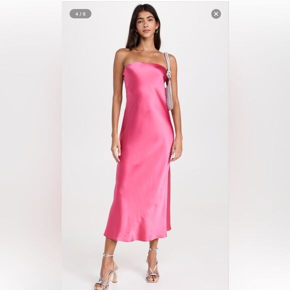 NEW Reformation Joana Silk Midi Dress Flambé Pink Size Large - Picture 2 of 8